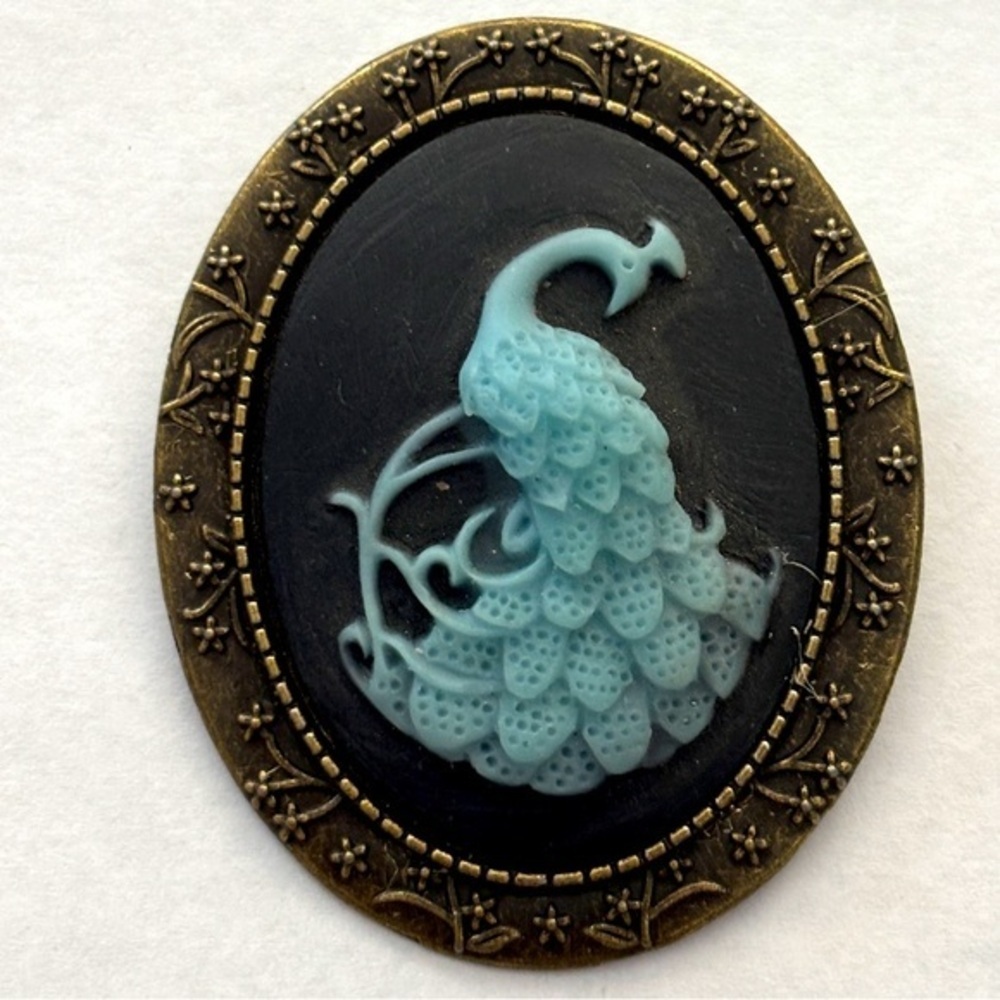 Black and Blue Peacock Cameo Brooch, NWT, Unworn, Handmade
